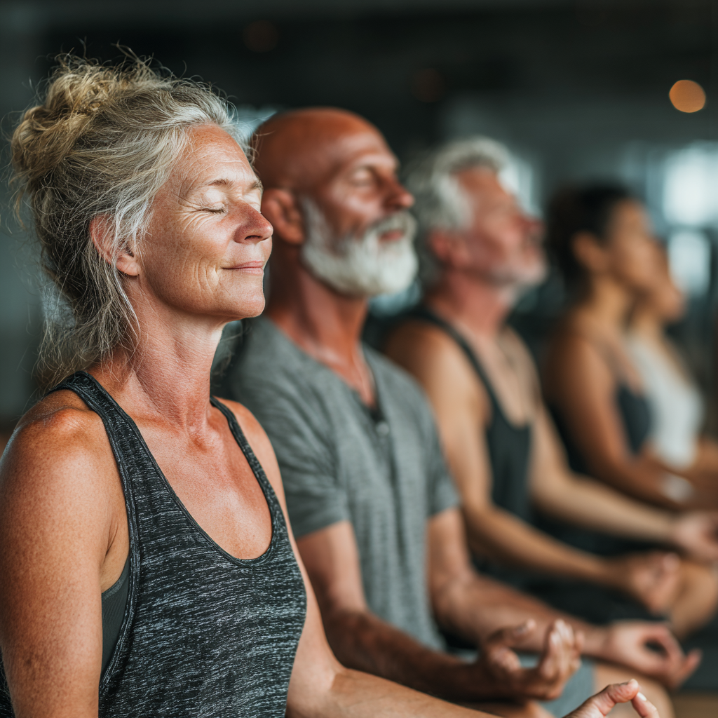 A diverse group of mature adults in their 40s and 50s practicing yoga together in a bright studio, showing different skill levels but all engaged and peaceful, with a certified instructor guiding them